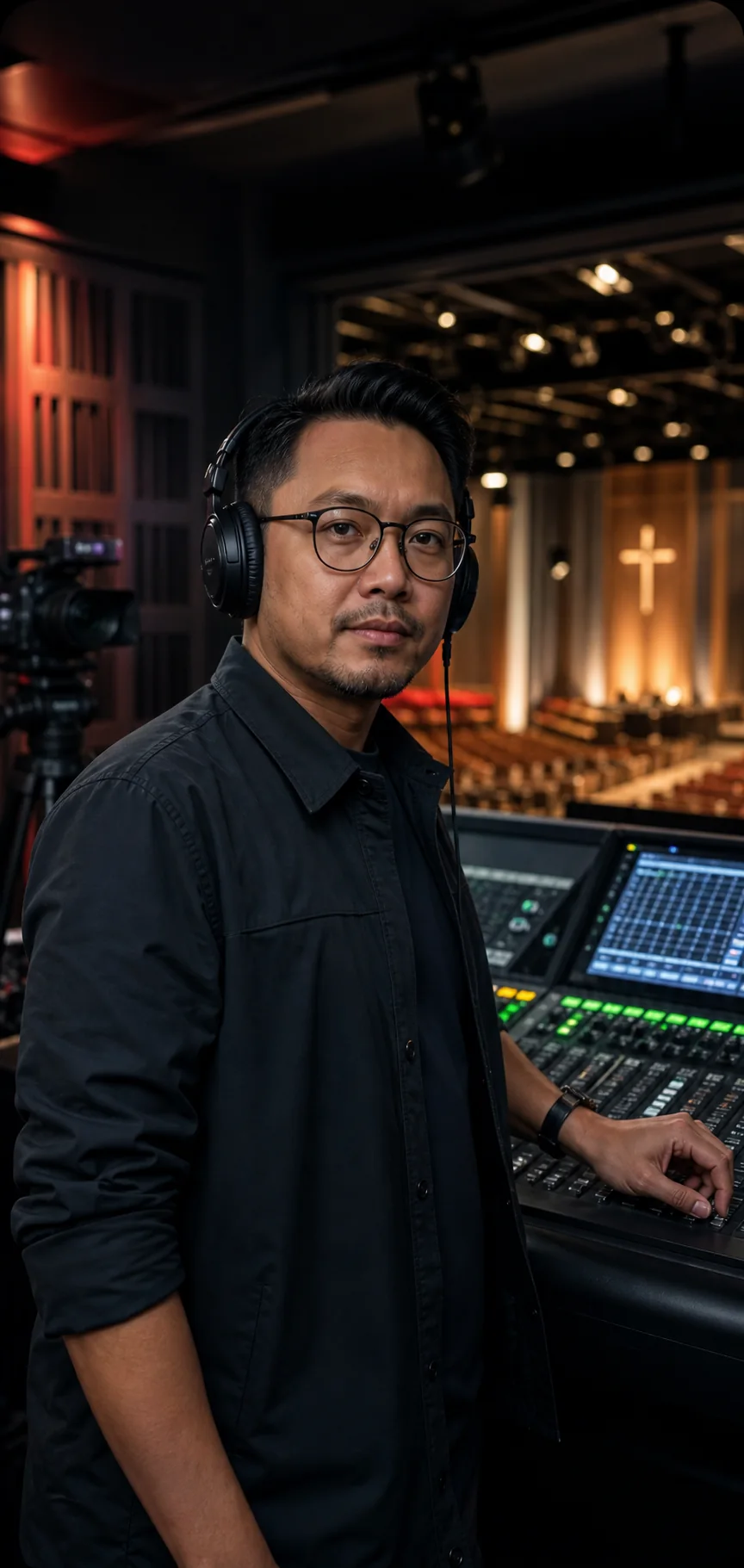 Audio technician at a digital mixing console