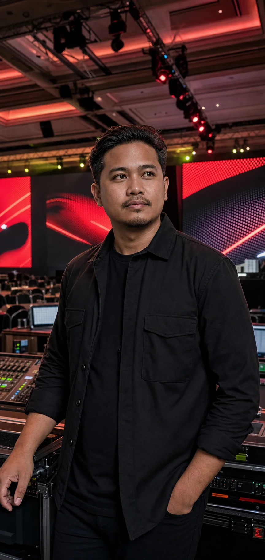 AV technician beside LED production equipment